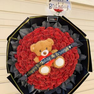 True Love Bouquet – 100 Red Roses & Teddy Bear